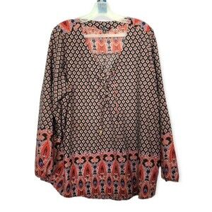 Time to Bloom Black & Red Boho Print Blouse Size 2x